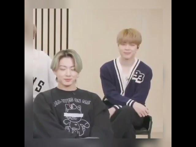 Jimin makes a pout  Jungkook's tongue comes out  and then they're smirk  in interview 