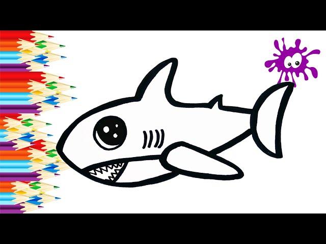 How to draw a shark. Cartoon coloring book for kids. Learn to draw 