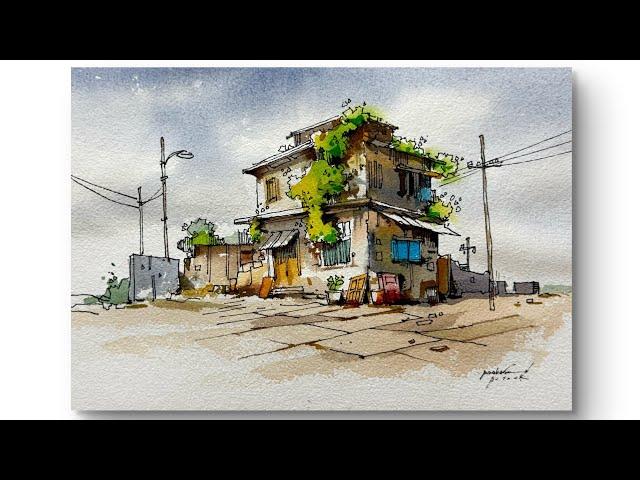 line and wash |  Pen with watercolour | demo by prakashanputhur