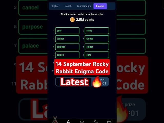 14 September Rocky Rabbit Enigma Code latest 2.5 M coin Today correct passphrase wallet hamster #55