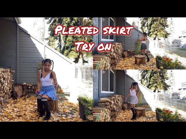 Plaid pleated mini skirt from urban kids with  knee high socks try on