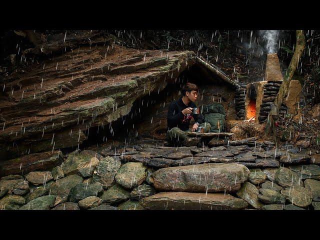 Building complete and warm survival shelter | Bushcraft cave in the cliff & fireplace with clay