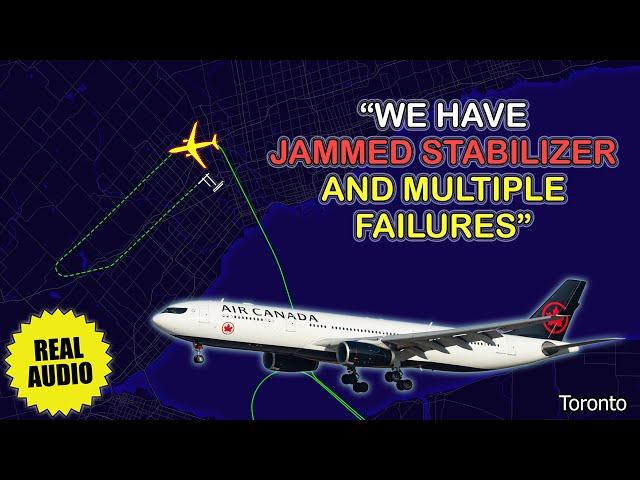 Jammed stabilizer. Air Canada Airbus A330 has flight control problem at Toronto. Real ATC