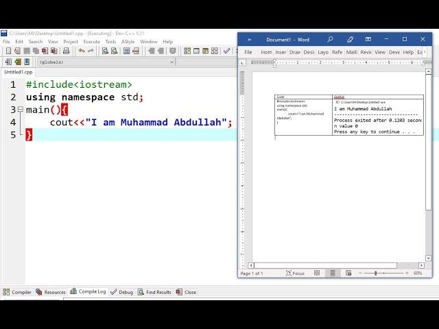 How to save c++  code and result screen  in word file