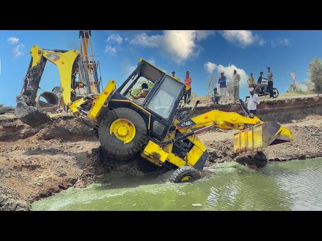 JCB Accident Slipped in River | CAT JCB Stuck in River Badly Pulled By Escort Hydra