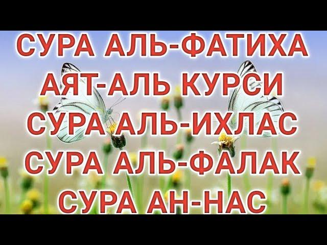 Сура Аль Фатиха,  Аят Аль Курси, Сура  Аль Ихлас, Сура Аль Фалак, Сура Ан Нас