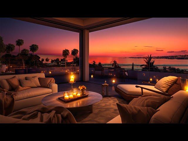 Coastal Night Jazz Ambience in Cozy Porch with Fireplace. Relaxing Ocean Waves for Sweet Experience