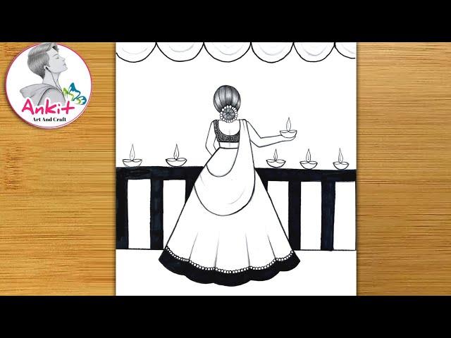 Beautiful Diwali Drawing Easy/Diwali Festival Scenery Drawing For Beginners /Diwali competition 2024