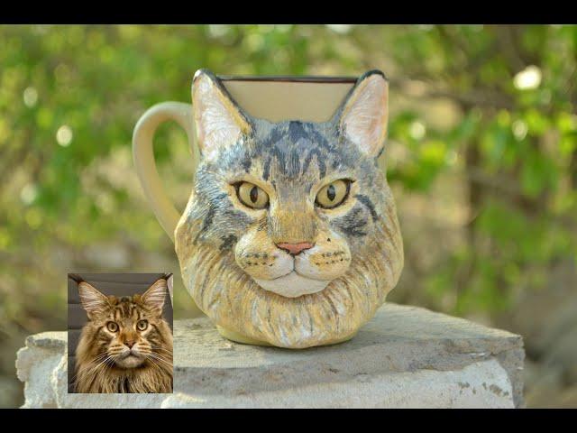 Custom cat portrait mug, maine coon cat polymer clay portrait