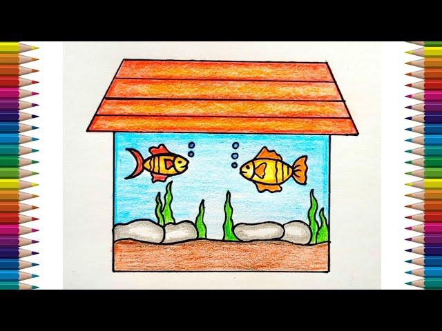 Fish Aquarium Drawing | How to Draw fish aquarium | Easy Fish Tank Drawing