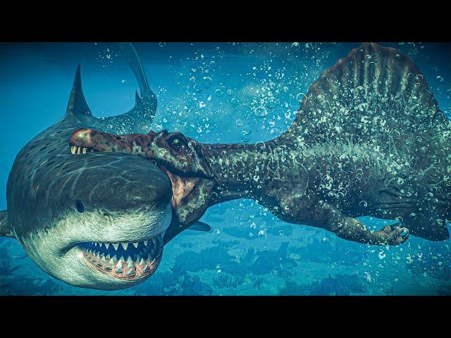 Megalodon "HUNT & FIGHT" vs ALL Marine reptiles + Spinosaurus | JWE 2 Park Manager's Collection Pack