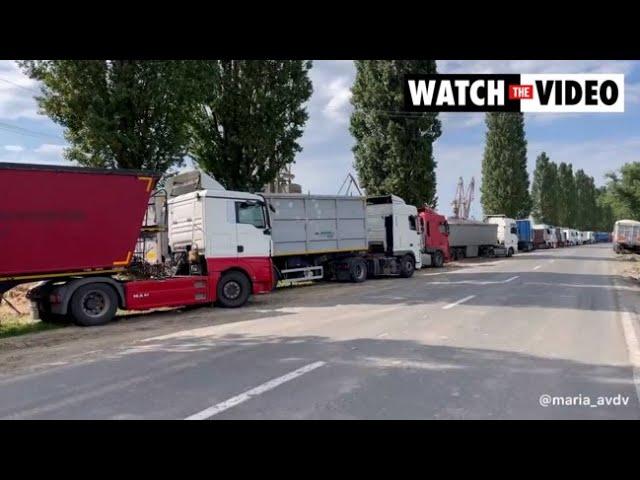 Long line of trucks in West Ukraine