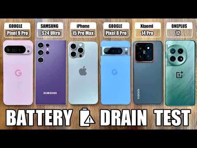 Pixel 9 Pro XL vs iPhone 15 Pro Max / S24 Ultra / Xiaomi 14 Pro / OnePlus 12 - BATTERY DRAIN TEST