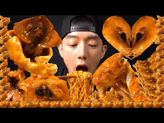 ASMR MUKBANG BOIL SPICY SEAFOOD KOREAN FOOD NOODLES PEDAS CRAB SQUID OCTOPUS SHRIMP EATING 매운해물찜 먹방