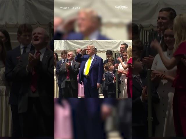 Trump salutes raising of flags on the White House front lawn