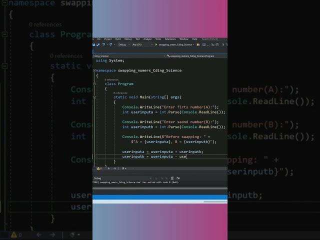 Swapping Numbers without using Third Variable program in C# #shorts