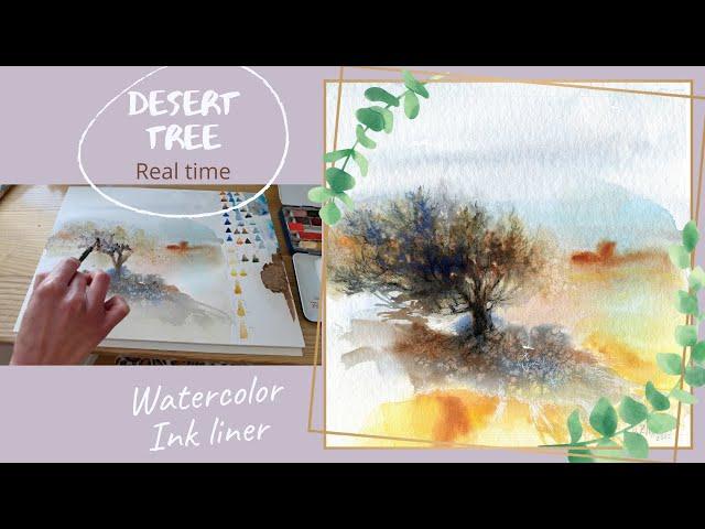 Aquarelle tree | Watercolor painting | Ink liner drawing | Watercolor salt | Watercolor wet on wet