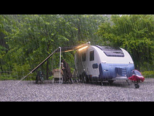 Alone caravan camping in the mountains with 250mm heavy rain / Non-stop rain