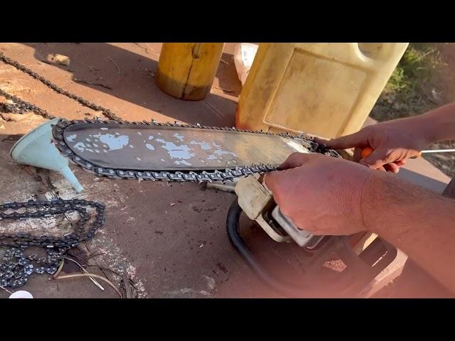 Preparing an electric saw for cutting trees / cutting firewood for the winter/wood for the fireplace