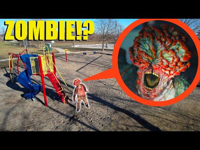 drone catches Bloody Last of Us Clicker at haunted park (we found it!)