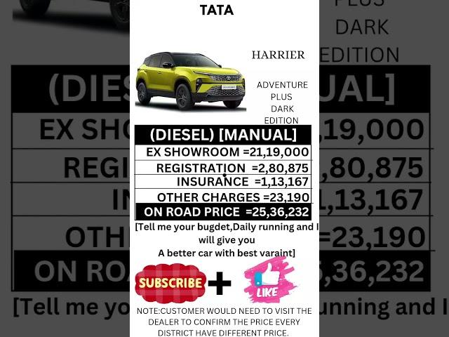 TATA HARRIER ADVENTURE PLUS DARK EDITION DIESEL MANUAL ON ROAD PRICE