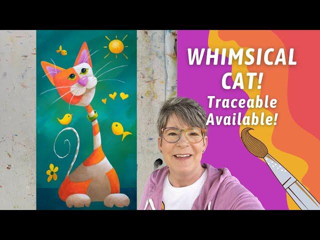 VIBRANT Whimsical Cat Painting! Traceable Available! By: Annie Troe