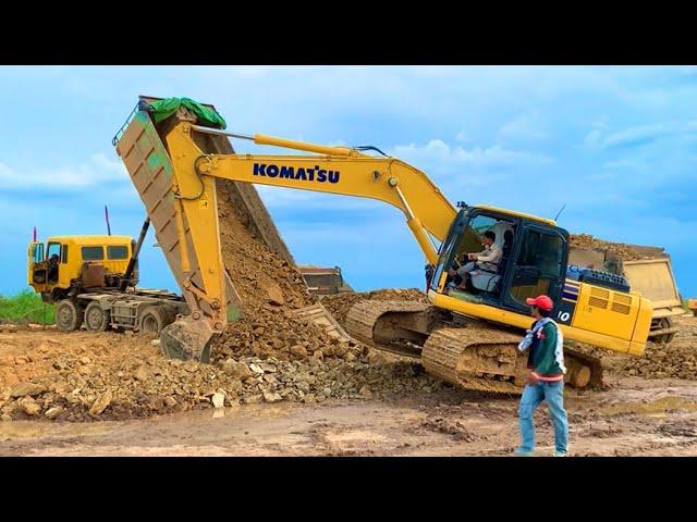 Overload Truck Full Dirt Fails | Roller Stuck | Bulldozer Pushing | Recovery by Excavator