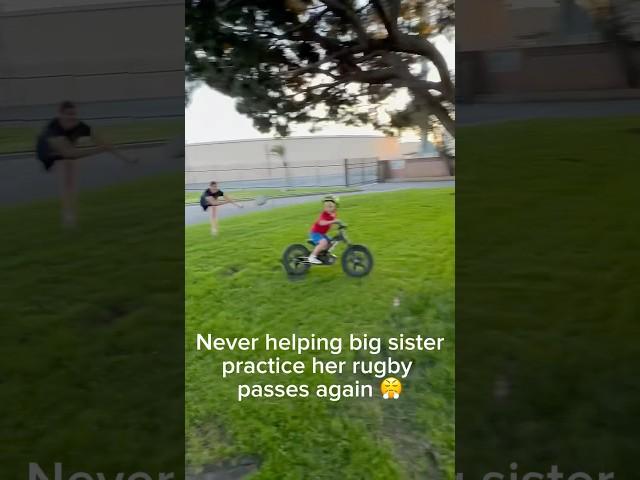 Never helping big sister practice her rugby passes again!  #rugby #siblings #kidsonbikes