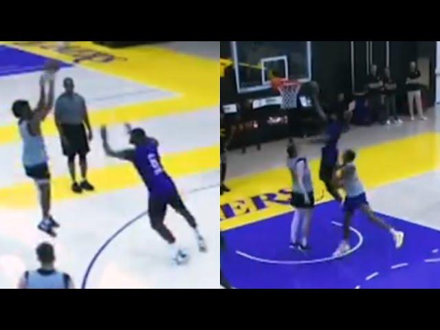 Bronny hits 3 over LeBron and everyone trash talks LBJ during Lakers practice 