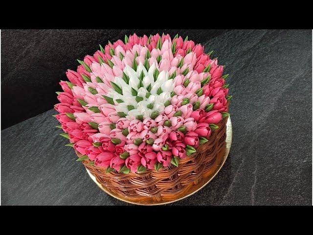 Decoration of a LARGE cake "Basket with TULIPS"! with ITALIAN MERINGUE!