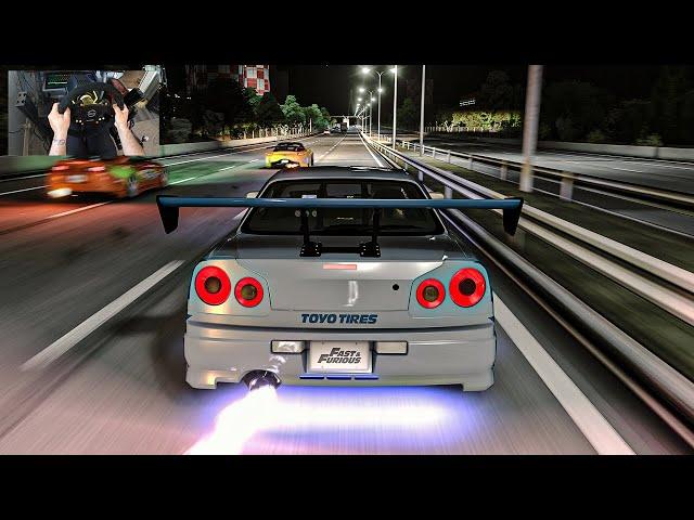 Fast & Furious GT-R R34 VS Mazda RX7 & Supra MK4 Street Race - Assetto Corsa | Thrustmaster Wheel