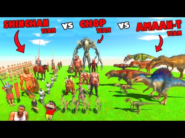 SHINCHAN vs CHOP vs AMAAN TEAM in Animal Revolt Battle Simulator MECHA SHARK, T-REX, BRACHIOSAURUS