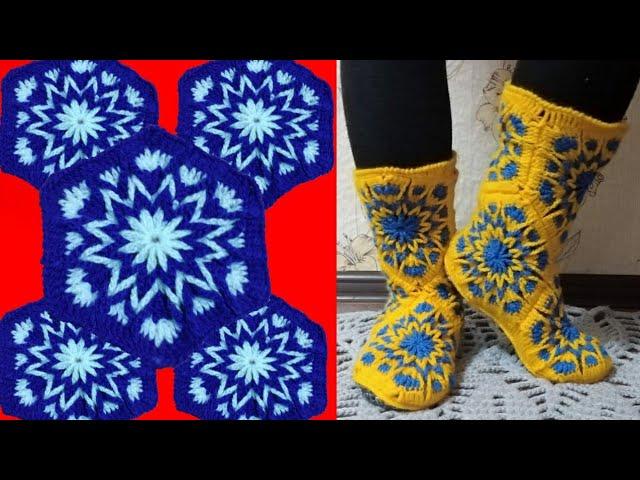 Тапочки сапожки крючком. Мотив польская звезда . How to crochet home slippers, boots. Мастер класс