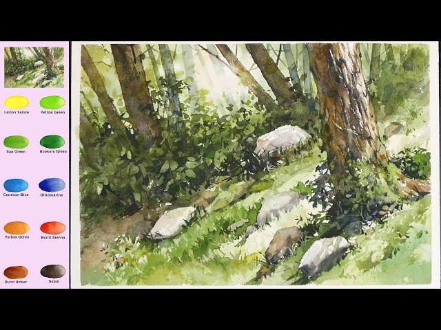 Landscape Watercolor - In the forest (3X speed video, color name view) NAMIL ART