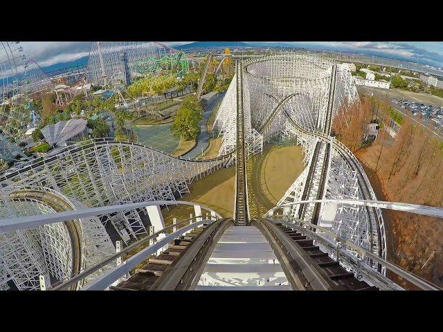 White Cyclone Wooden Roller Coaster Front Seat POV Nagashima Spaland Japan 60FPS