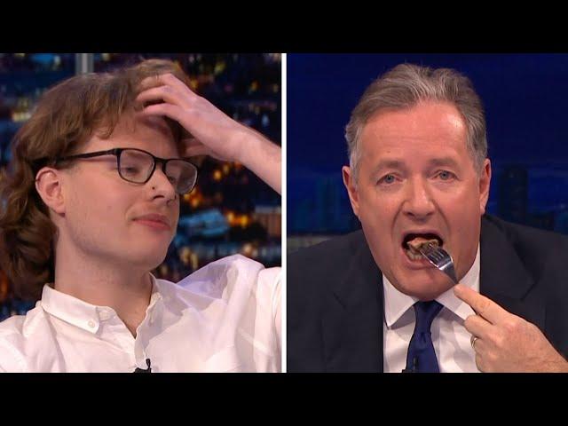 Piers Morgan Eats STEAK In Front Of Vegan Protester