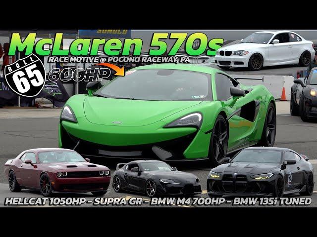 McLaren 570s vs Hellcat 1050hp, BMW M4 700hp, BMW 135i Tuned & Supra GR @ Race Motive 65mph Roll