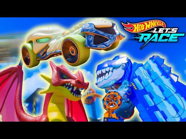 Ultimate T-Rex Transporter Battles Professor Rearview's Dragon!  | Hot Wheels Let's Race