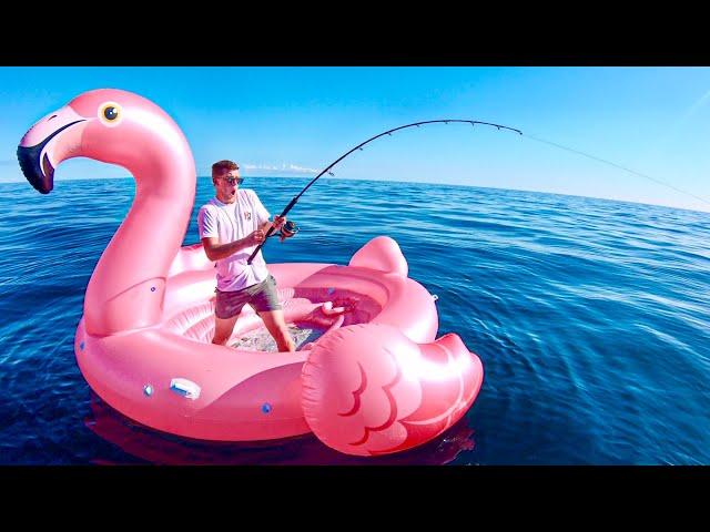 Fishing In the MIDDLE OF THE OCEAN On A FLAMINGO FLOATIE!