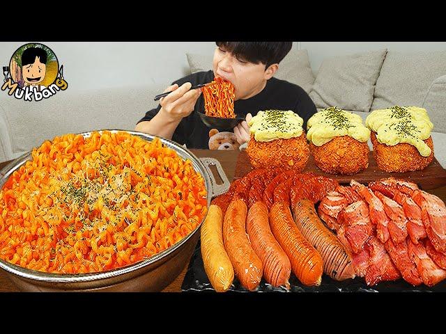 ASMR MUKBANG | Fire Noodles, Hot dog, pork belly, sausage recipe ! eating