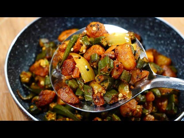 DELICIOUS FRIED OKRA RECIPE (NO SLIME )| MASALA BHINDI ALOO FRY (VEGAN)