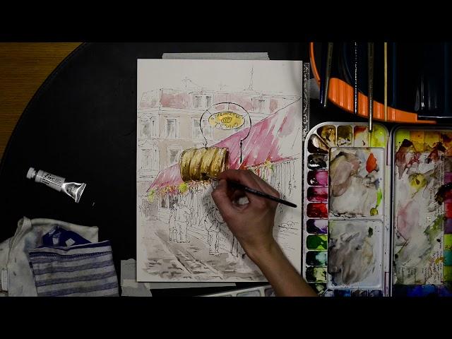 Ярмарка в Праге. Акварельный speedpainting. Spring fairs in Prague. Line and wash.