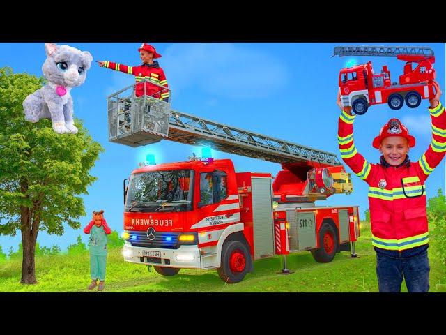 The Kids Rescue a Cat with a Real Fire Truck