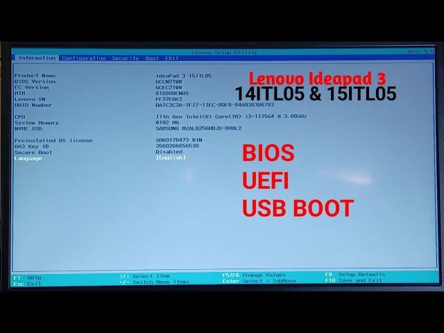 Lenovo Ideapad 3 BIOS And UEFI USB Boot | Lenovo 14ITL05 & 15ITL05