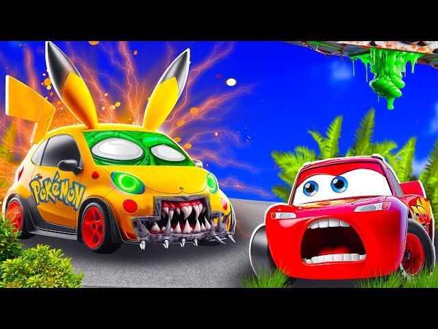 Big & Small:McQueen and Mater VS Pikachu Pokemon car ZOMBIE slime Zombie Apocalypse in BeamNG.drive