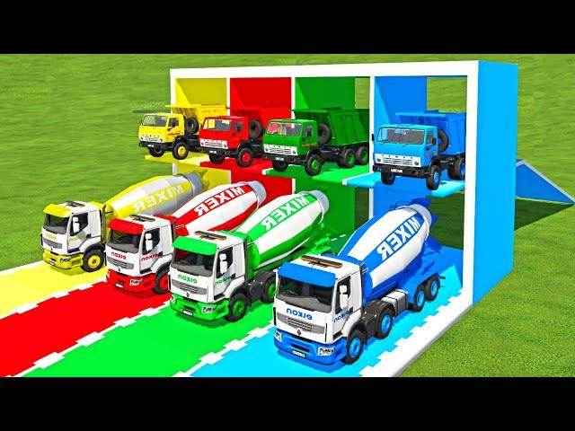 TRANSPORTING COLORED DUMP TRUCK & MIXER ELKON TRUCK TO GARAGE WITH MERCEDES ACTROS TRUCK! FS22 !!