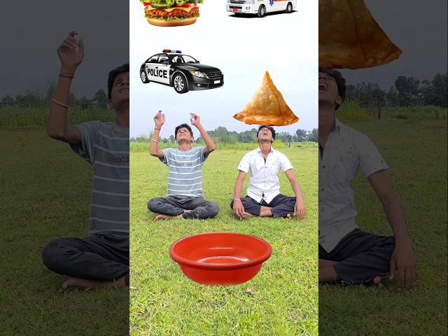 Police car, Ambulance, Tractor catching and eating Samosa, lollipop, Burger vs frog Funny vfx magic