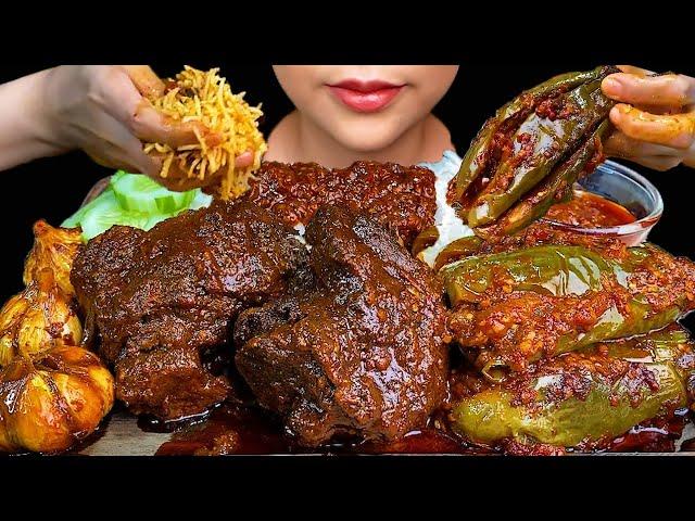 MUKBANG EATING||SPICY MUTTON GARLIC CURRY, SPICY EGGPLANTS & WHITE RICE