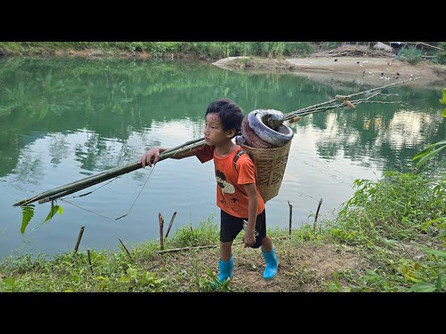 village life boy khai living alone in the deep forest, making fishing traps, harvesting fish to sell