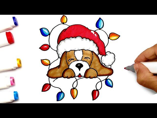 Drawing for the New Year of the Ox 2021| How to draw a Dog (puppy) in a Christmas hat with a garland